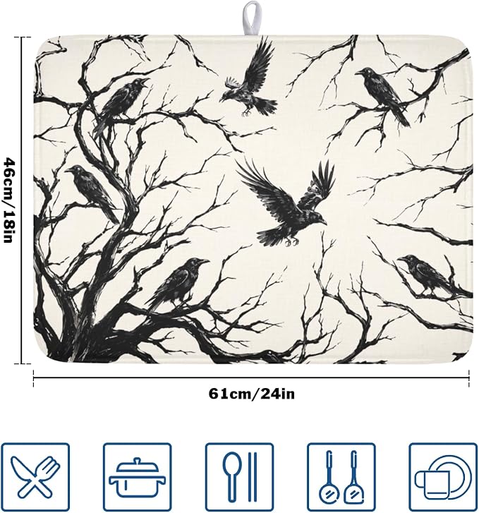 Halloween Crows Dish Drying Mat for Kitchen Counter Vintage Spooky Black Tree Branches Raven Pattern Microfiber Dish Drainer Mat Rustic Absorbent Washable Drying Pad 18"x24"