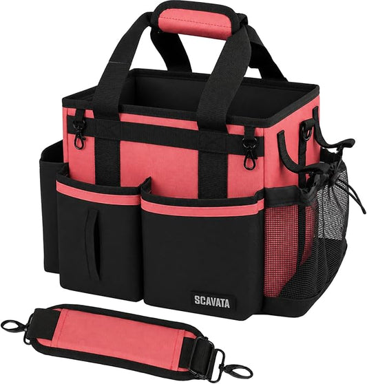 SCAVATA Compact Wearable Cleaning Caddy with Handle & Shoulder Straps | Small Cleaning Supplies Organizer, Under Sink & Car Cleaning Tools Storage Bag for Housekeepers Cleaners, Coral Pink