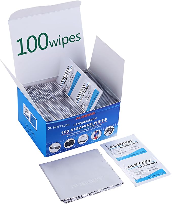 Pre-Moistened Lens Wipes ALIBEISS Screen Wipes for Glasses, Camera,Tablets, Smartphone, Screens and Other Delicate Surfaces,Pack of 100