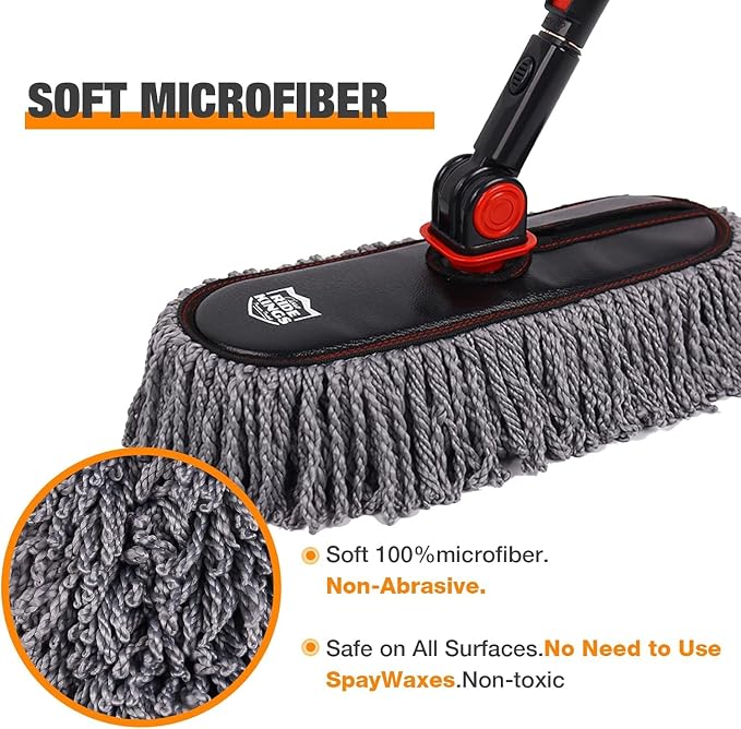 Exterior Car Duster & Brush Kit - Washable Microfiber | Extendable auto mop sweeps pollen scratch-free. Combo with inside detailing tools. Reusable for SUV, truck, RV & home use.