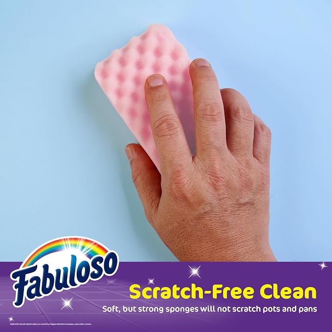 Fabuloso Scratch-Free Kitchen Dish Sponges, Purple Cellulose Scrubber Sponge with Scouring Pad for Dishes, Pots, Pans, Counters and Sinks, Tough on Messes, 4.25 x 2.75 x 1.25 in, 6 Count