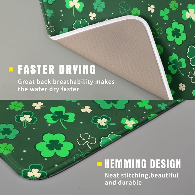 Happy St. Patrick's Day Dish Drying Mat for Kitchen Green Lucky Shamrock Clover Dish Drying Mat for Dishes Spring Irish Drying Mats 18x16 Inch Absorbent Reversible Dish Pad for Countertop Coffee Bar
