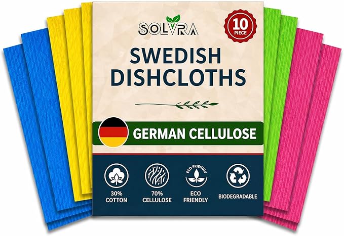10 PCS Swedish Dishcloths for Kitchen Multicolor, German Cellulose 70% Cellulose 30% Cotton, Ultra Absorbent Reusable Eco Friendly Cleaning Cloth, 100% Biodegradable Paper Towel Alternative, Odor Free