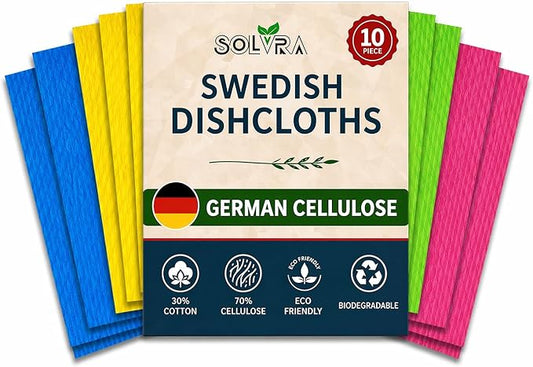 10 PCS Swedish Dishcloths for Kitchen Multicolor, German Cellulose 70% Cellulose 30% Cotton, Ultra Absorbent Reusable Eco Friendly Cleaning Cloth, 100% Biodegradable Paper Towel Alternative, Odor Free