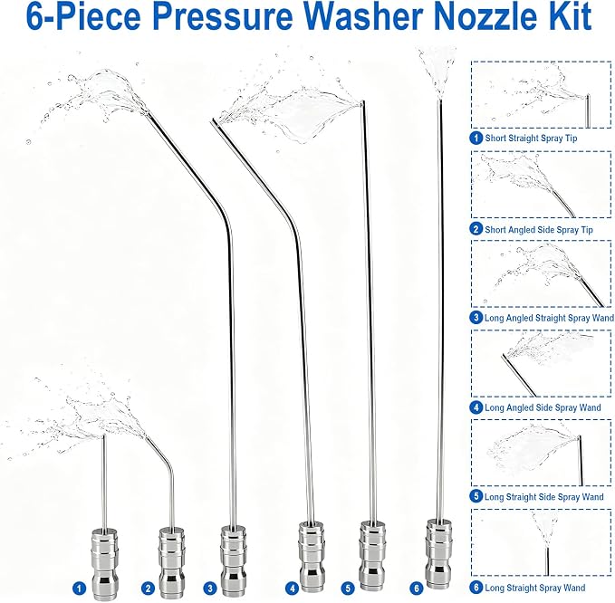 High-Pressure Washer Nozzle Kit - 6 Pack Stainless Steel Flush Wand Tips | With Quick Connect for Cleaning Car Crevices, Tires, Door Jambs, Washing Machines,AC Coils