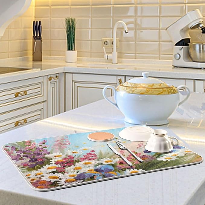 Absorbent Dish Drying Mat for Kitchen Counter - Cute Sunflowers Oil Painting Microfiber Drying Pad, Reversible Drainer Mats for Countertop, Small 16 x 18 inch