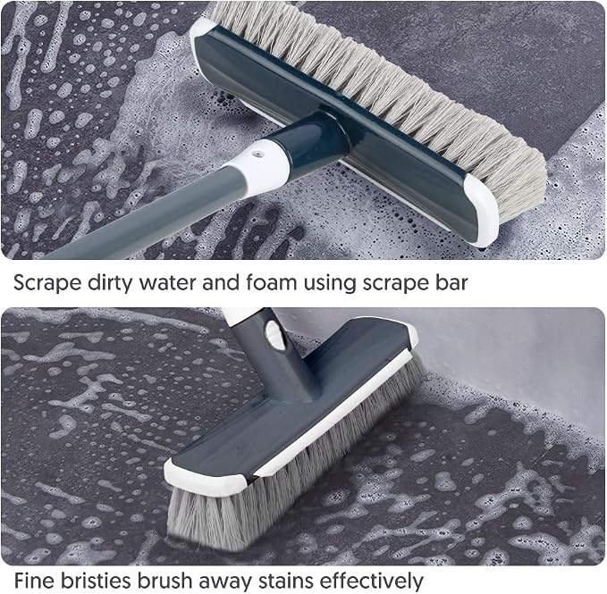 Floor Scrubber with Long Handle, 2 in 1 Scrubbing Brush Stiff Bristle Shower Cleaning Brush for Bathroom, Kitchen, Tub, Carpet, Grout, Tile(Gray)