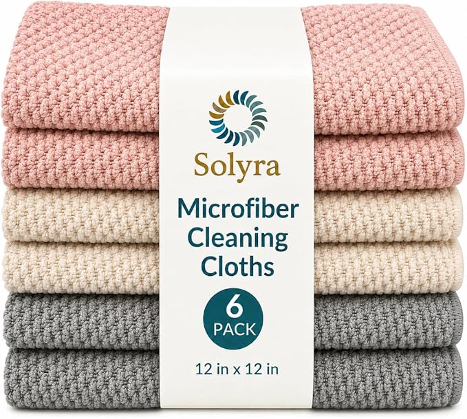 Solyra Non-Toxic Microfiber Kitchen Cleaning Cloths, 6 Pack, 12 x 12 in | OEKO-TEX Certified, Safe for Family & Pets, Lint-Free Kitchen Rags for Counters, Bath & Car