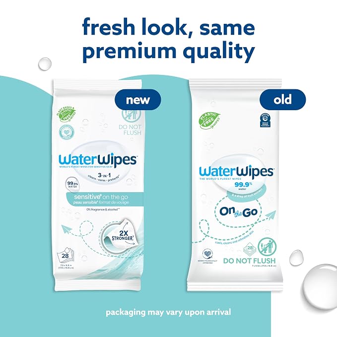 WaterWipes Sensitive+ On The Go Wipes, 3-In-1 Cleans, Cares, Protects, 99.9% Water, Unscented & Hypoallergenic Wet Wipes, 28 Count (Pack of 2)