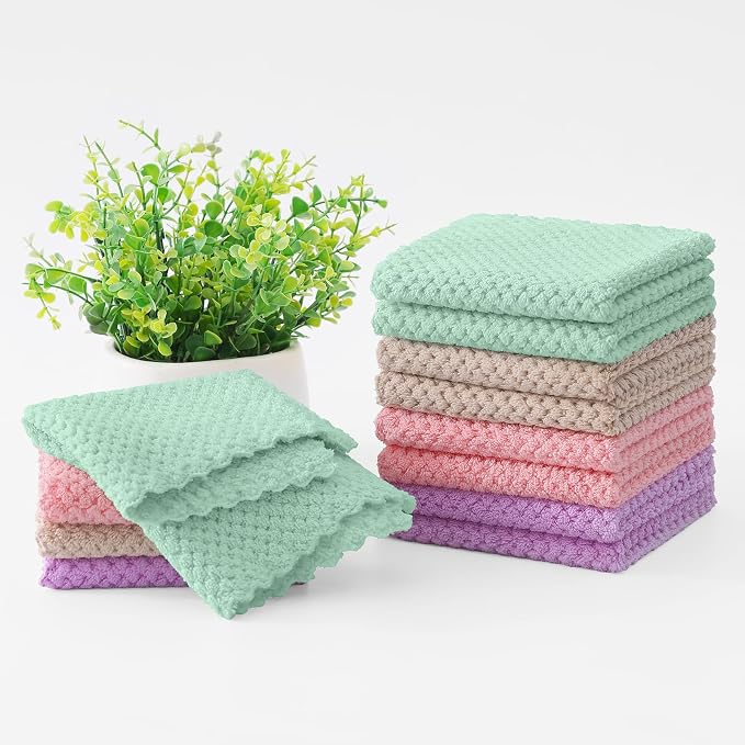 Homaxy 12 Pack Kitchen Dish Cloths, Ultra Soft and Absorbent Dish Towels, Reusable Fast Drying Microfiber Cleaning Cloth, Coral Velvet No-lint Cleaning Rags, 10 x 10 inches, Mix Color
