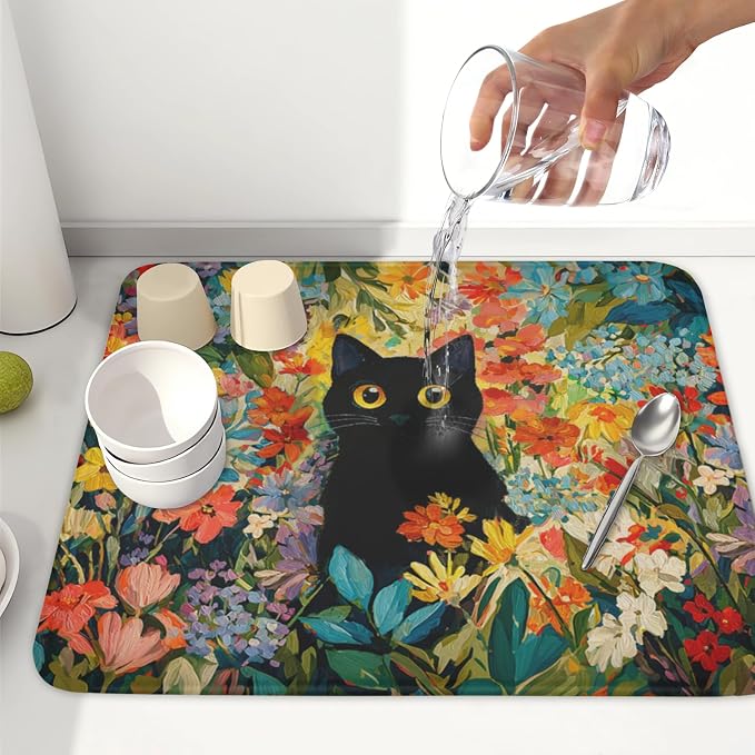 Spring Summer Floral Cat Dish Drying Mat for Kitchen Counter Abstract Oil Painting Wildflower Microfiber Dish Drainer Mat Rustic Absorbent Washable Drying Pad 16"x18"