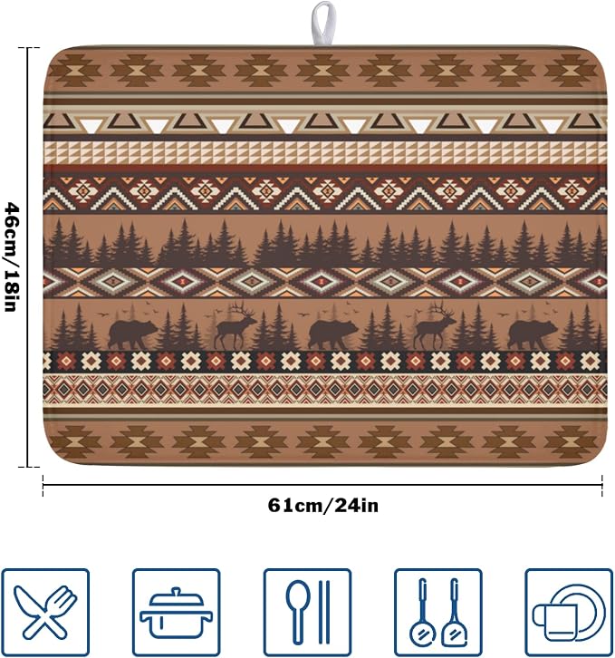 Giwawa Rustic Bear Deer Dish Drying Mat Boho Ethnic Drainer Rack Pad 18x24 Inch Microfiber Absorbent Dish Sink Mat for Counter Kitchen Tableware