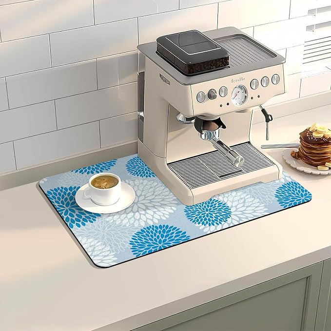 Dish Drying Mat, Dish Mat Drying Kitchen Mat with Rubber Backed, Hide Stain Kitchen Super Absorbent Draining Mat, Easy to Clean Dish Rack Pad for Dishes Countertop (Blue Floral, 12" x 19" )