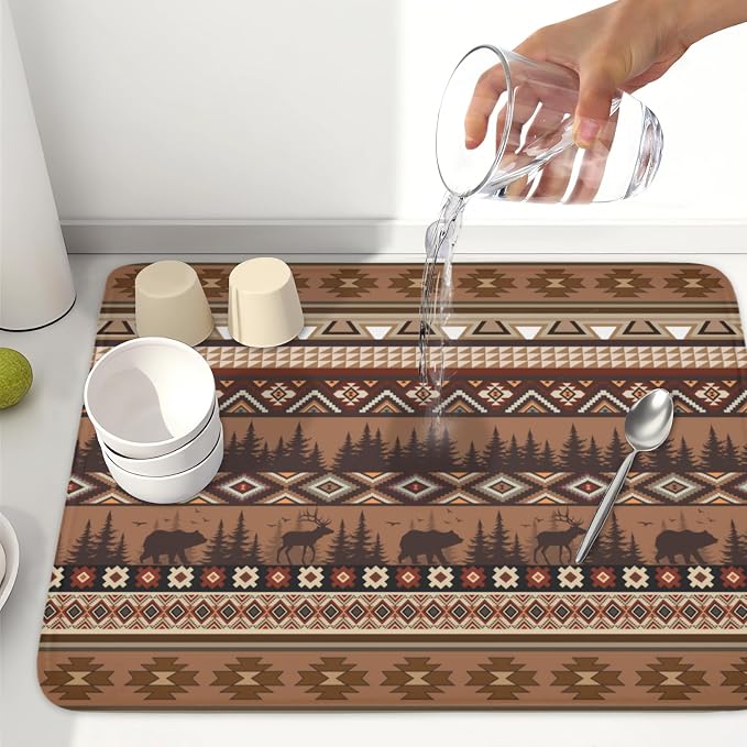 Giwawa Rustic Bear Deer Dish Drying Mat Boho Ethnic Drainer Rack Pad 18x24 Inch Microfiber Absorbent Dish Sink Mat for Counter Kitchen Tableware