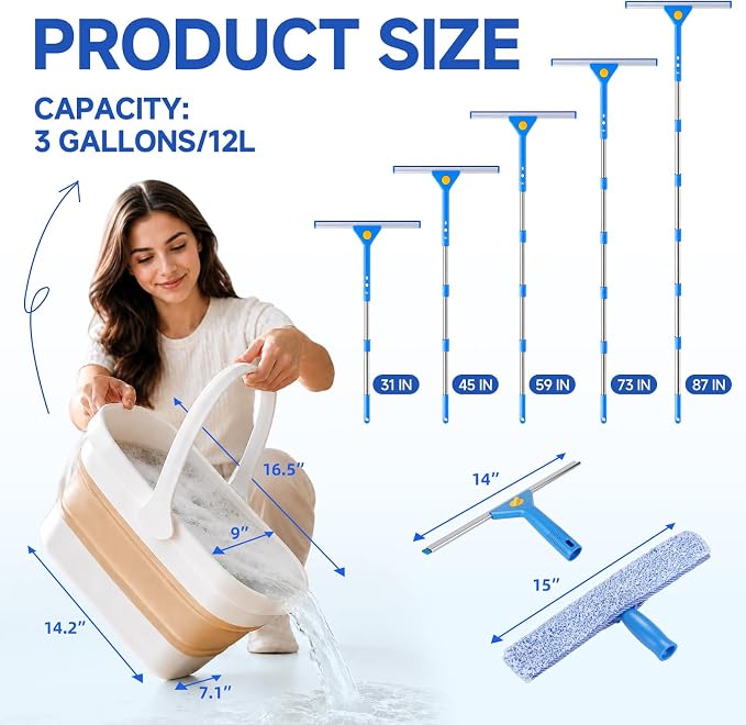 Window Cleaning Kit, 3 Gallon Foldable Bucket, 87 Inch Long Handle | Complete window washing kit with 3-gallon foldable bucket, 14-inch squeegee, 15-inch scrubber and 87-inch handle