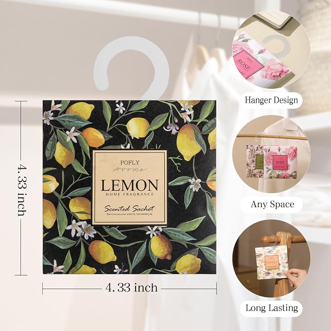 12 Pack Lemon Scented Sachets, Air Freshener for Home & Small Spaces | Hanging Sachet Bags with Retractable Hook; Closet Deodorizer & Odor Eliminator for Drawers, Shoe Cabinets, Cars & Luggage