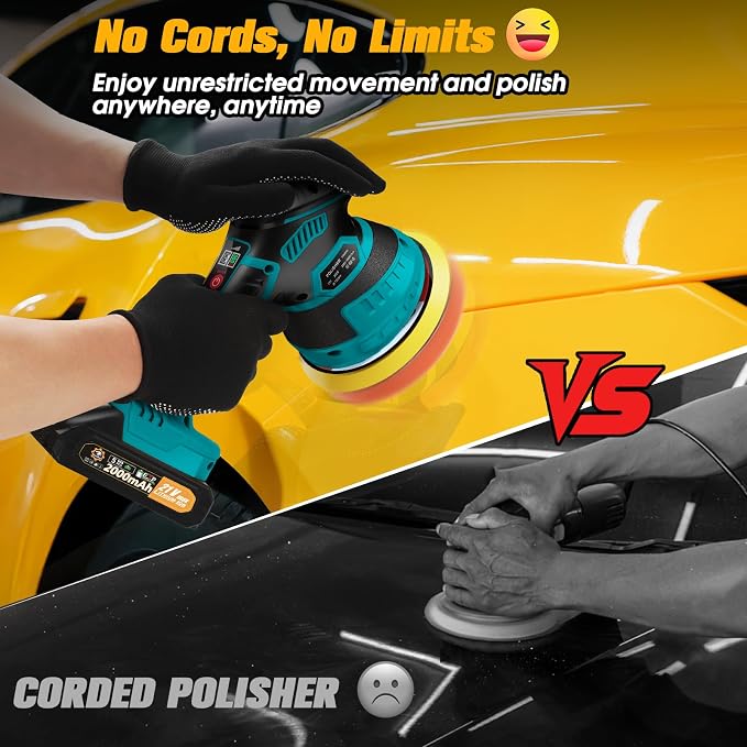 Cordless Car Buffer Polisher kit, DA Polisher with 2*21V Batteries | 2x 21V 2000mAh Batteries, 6-speed, LED Display, Random Orbital, 18 pcs Assorted Polishing Pads for Car Detailing-Blue