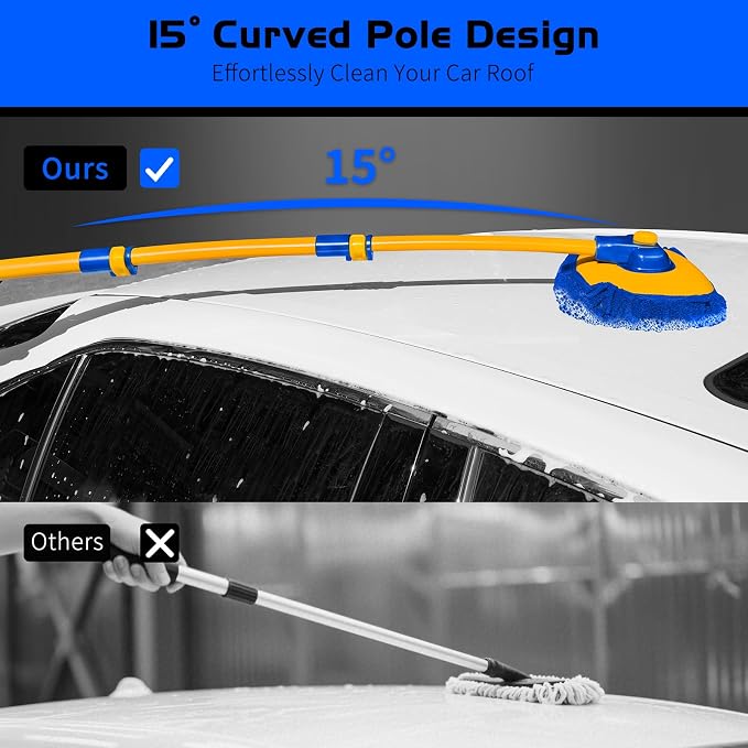 Ordenado 15°Curved Car Wash Brush with Long Handle, 43" Car Cleaning Brush with Extension Pole, Microfiber RV Wash Mop Scratch-Free, Exterior Washer Mop for Washing Roof Truck Camper SUV Caravan Blue