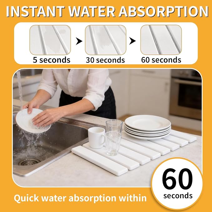 Stone Dish Drying Mat for Kitchen Counter, 16''×12'' Quick Dry Stone Dishes Mats Foldable Water Absorbing Diatomaceous Earth Drying Organizer Mat for Dishes Utensils Bottles Any Countertop(White)