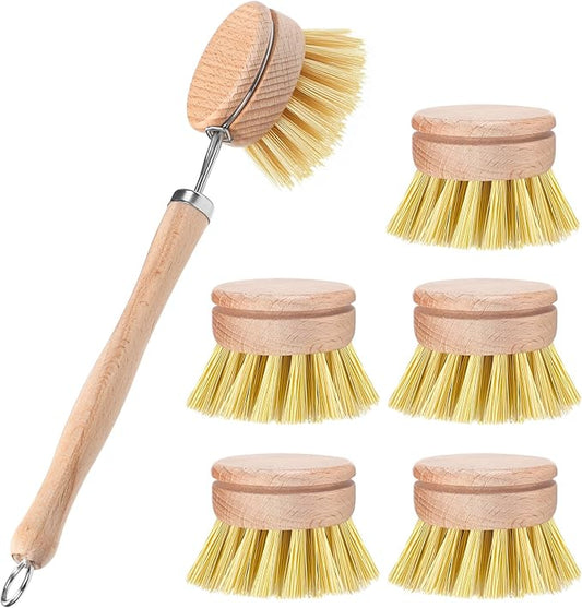 Boao 6 Pack Dish Brush with Beechwood Handle with Replacement Heads Natural Wood Dish Scrub Brush for Washing and Cleaning Pots and Pans
