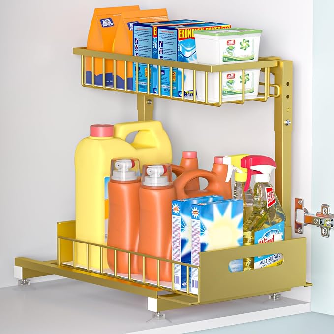 Saydear L-Shaped Under Sink Organizer, 2-Tier Pull-out Cabinet Rack 1-Pack | Gold Height-Adjustable Steel Rack, Sliding Grid Drawers with PP Liners, Holds 100 Lbs, Suction Base, Ideal Kitchen Storage