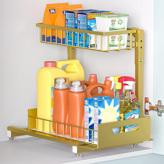 Saydear L-Shaped Under Sink Organizer, 2-Tier Pull-out Cabinet Rack 1-Pack | Gold Height-Adjustable Steel Rack, Sliding Grid Drawers with PP Liners, Holds 100 Lbs, Suction Base, Ideal Kitchen Storage