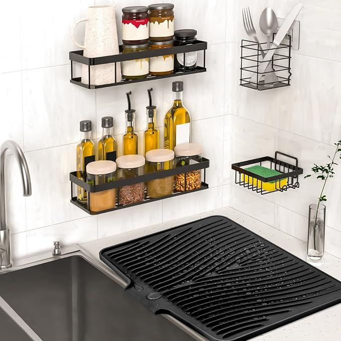 TIKNIK Silicone Dish Drying Mat for Kitchen Counter - Heat Resistant & Non-Slip Dish Drain Pad with Built-In Drain, Dishwasher Safe, Quick-Dry, Hangable & Roll-Up for Storage, Black-1pc, 20" x 15"