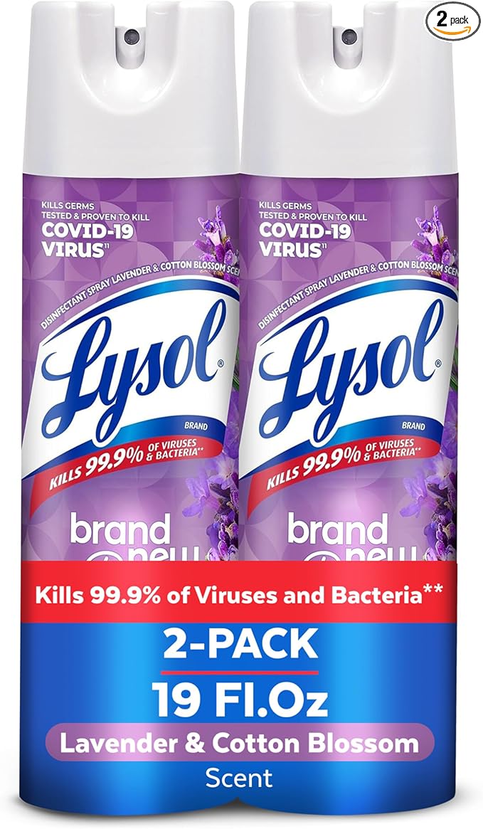 Lysol Disinfectant Spray, Household Cleaning Supplies, Disinfecting Multi-Purpose Room Spray, Antibacterial Sanitizer, Deodorizer, Kills Hantavirus, Lavender & Cotton Blossom, 19 Fl Oz (Pack of 2)