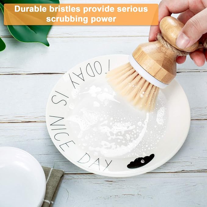 Boao 3 Pieces Bamboo Dish Scrub Brush and 1 Holder Natural Wooden Kitchen Cleaning Scrubbers Durable Bamboo Palm Household Pot Scrubber Brush for Dishes Pots Pans Kitchen Sink Cleaning