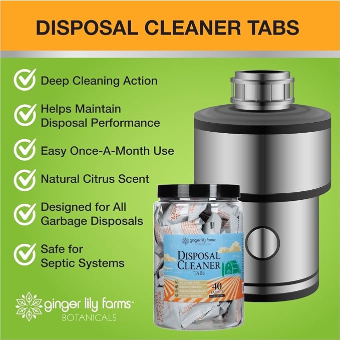 Ginger Lily Farms Botanicals Garbage Disposal Cleaner Tabs, Deep Cleaning Tablets for Sink Disposals, Removes Odor-Causing Residues, Citrus Scent, 40-Count