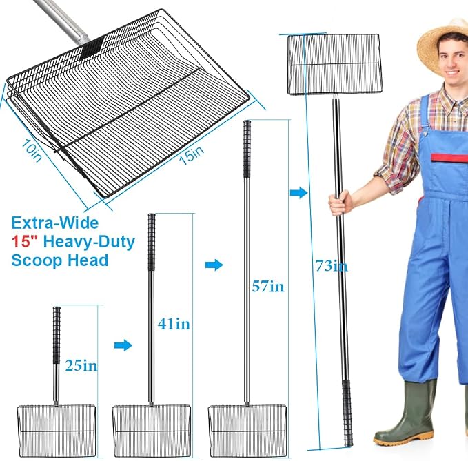 Kalekey Heavy Duty Chicken Poop Scooper, 15 Inch Extra Large Chicken Coop Rake with Adjustable Stainless Steel Handle (25 to 73 Inch) for Chicken Coop & Farm Cleaning Tools