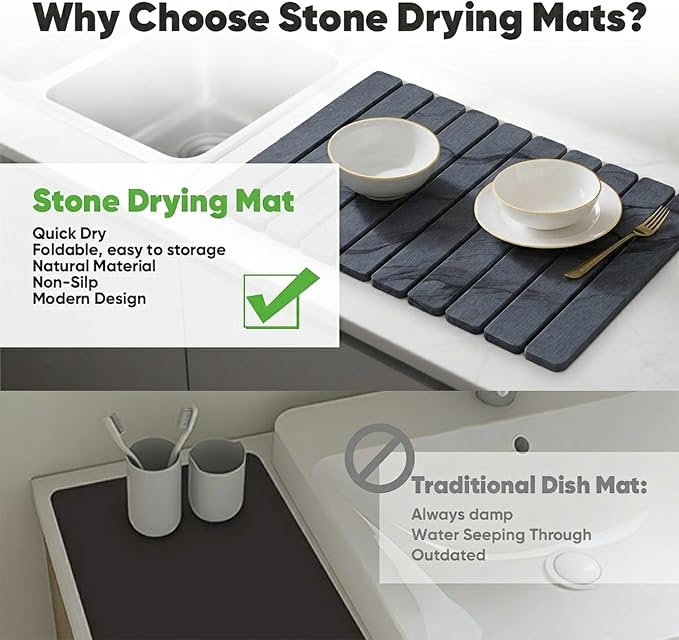 Stone Drying Mat for Kitchen Counter, Quick Diatomaceous Earth Mats for Dishes, 24"L x 16" W Super Absorbent Fast-Drying Collapsible Countertop Stone Mat (Marble Grey-04, 24" x 16")
