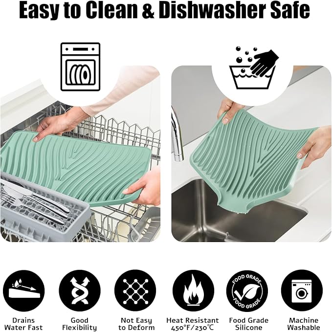 TIKNIK Silicone Dish Drying Mat for Kitchen Counter - Heat Resistant & Non-Slip Dish Drain Pad with Built-In Drain, Dishwasher Safe, Quick-Dry, Hangable & Roll-Up for Storage, Mint-1pcs, 20" x 15"