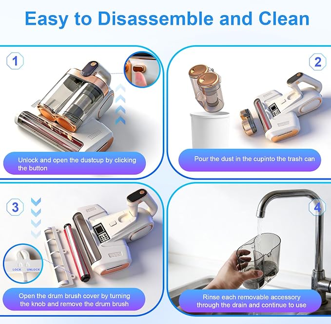 Cordless Mattress Vacuum Cleaner with UV-C, Dust Removal for Beds, Sofa | Deep Cleaning Technology for Carpets,Beds, Sofa Pet Hair and Household Dust, Handheld sofa Vacuum Cleaner for Home Use