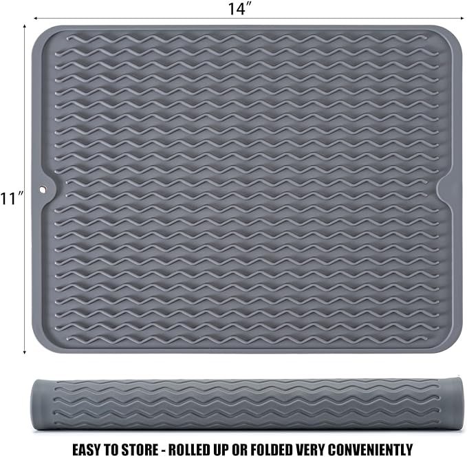 Large 14" x 11" Silicone Dish Drying Mat for Kitchen Counter, Easy clean, Quick Dry, Heat-resistant Dish Drainer Mat for Sink,Refrigerator or Drawer liner (Food Grade Silicone-Grey)