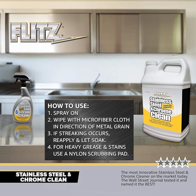 FLITZ Stainless Steel & Chrome Clean - 32oz Bottle, USA-Made Stainless Steel Cleaner Spray for Appliances - Grill, Fridge, Sink Stain Remover - Also Works on Aluminum Surfaces (1 Pack)