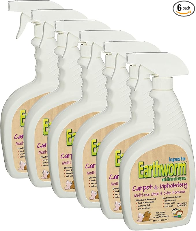Earthworm Carpet & Upholstery Cleaner Spot & Stain Remover - Natural Enzymes, Safer for Family, Environmentally Responsible - 22 oz (Pack of Six (6))