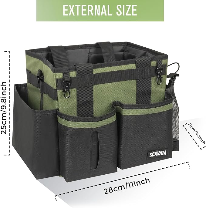 SCAVATA Compact Wearable Cleaning Caddy with Handle & Shoulder Straps | Small Cleaning Supplies Organizer, Under Sink & Car Cleaning Tools Storage Bag for Housekeepers Cleaners, Armygreen