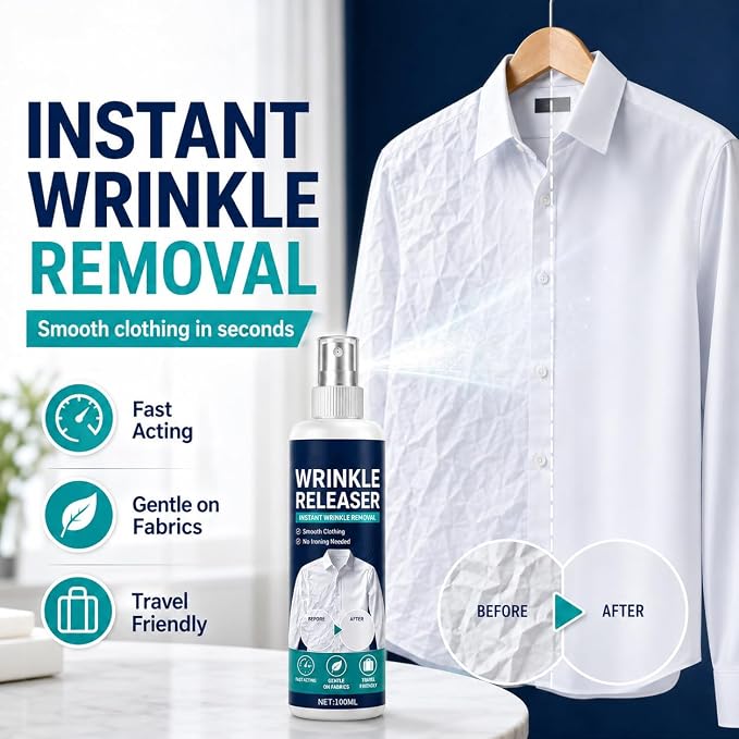 Wrinkle Release Spray Travel Size, Travel Wrinkle Release Spray, No Iron Needed, Fabric Freshener, Anti‑Static, 3.38oz Leak‑Proof Bottle for Clothes, Linens & Upholstery (1pc)