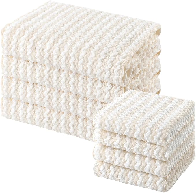 Homaxy 8 Pack Kitchen Towels and Dishcloths Set, 10 x 10 and 10 x 20 Inches, Ultra Soft and Absorbent Coral Velvet Dish Towels, no-lint Reusable Fast Drying Microfiber Cleaning Cloth, Beige