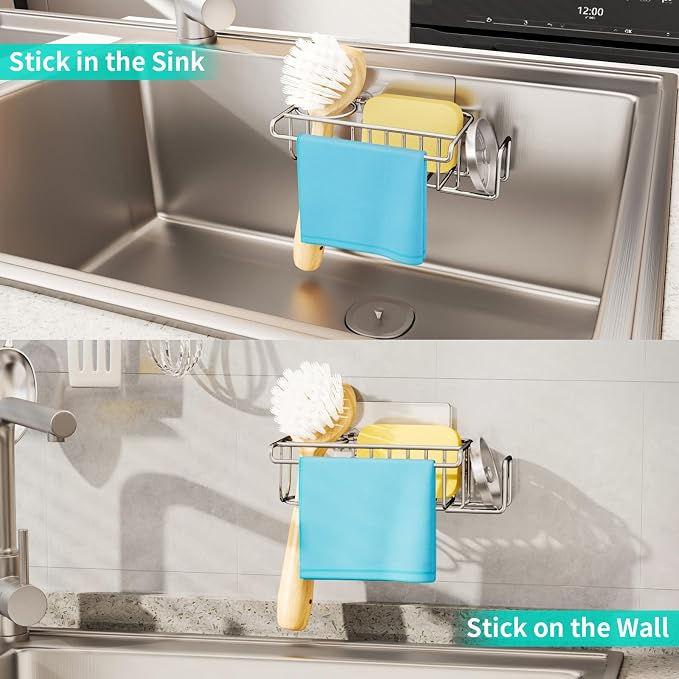 HapiRm 4 in 1 Sink Caddy Sponge Holder, SUS304 Stainless Steel Kitchen Brush Holder and Dish Cloth Hanger, Kitchen Organizers and Storage Essentials - Silver