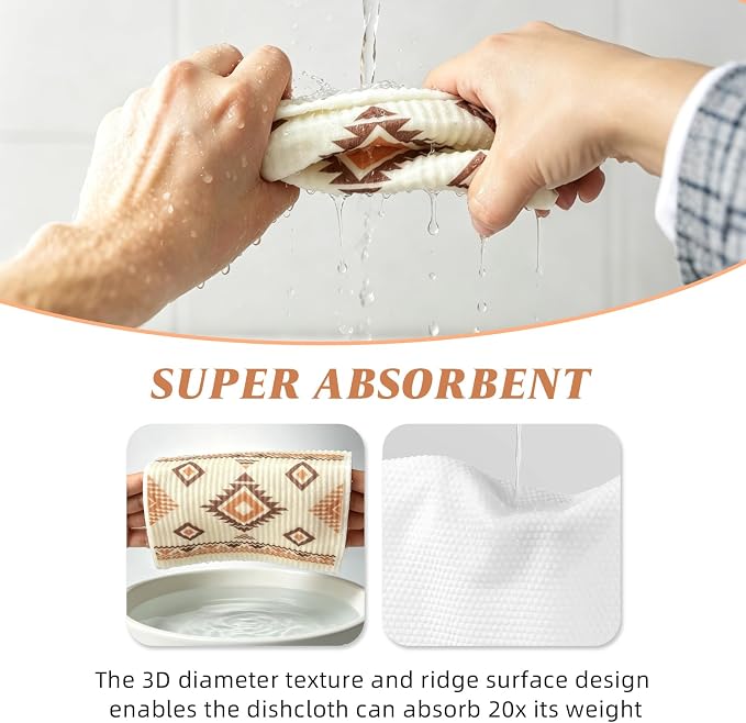 4 PCS Swedish Dishcloths, Western Aztec Vintage Themed Reusable Kitchen Dish Cloths, Super Absorbent Cellulose Sponge Cloths, Odor Resistant, Dishwasher Safe & Multi-Purpose Cleaning Cloths