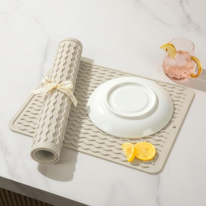 2 Pack Caketime Silicone Dish Drying Mat for Kitchen Counter Dining Placemats Shower Caddy Refrigerator Liners Essentials Heat Resistant Waterproof Trivets Pad Coffee Bar Items 15"x11.5" Milk