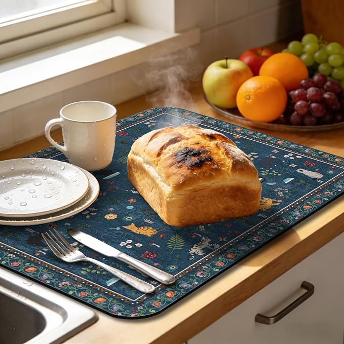Dish Drying Mat, Vintage Rustic Boho Kitchen Dishes Absorbent Pad, 16x18in | Eco-friendly diatomite with non-slip rubber backing. Super absorbent mat for kitchen counters, coffee bars & sinks