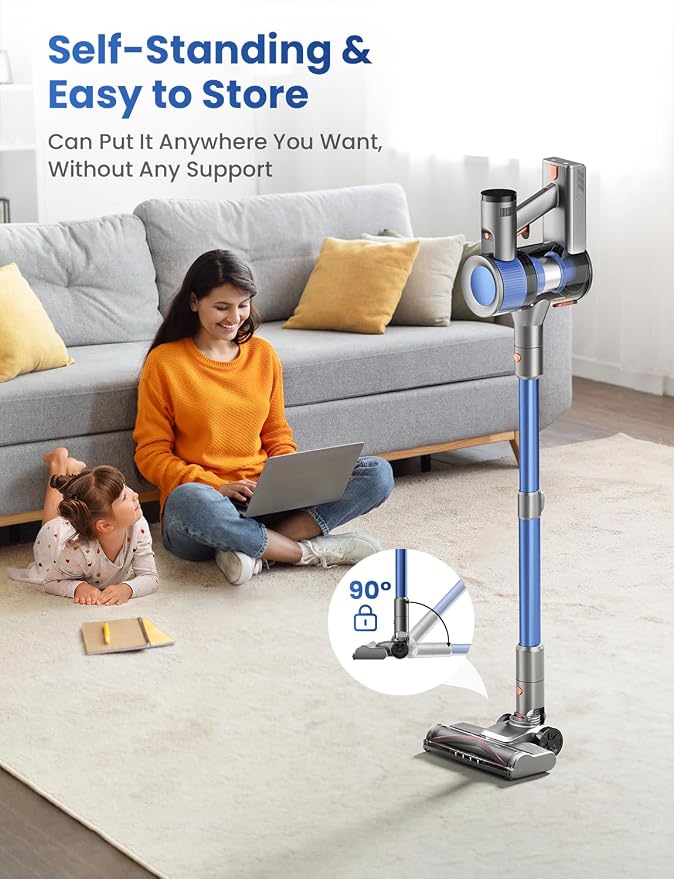 Dzaki Cordless Stick Vacuum Cleaner, 650W 55KPa Brushless Motor, 60-Min Runtime, Detachable Battery, Anti-Tangle, Self-Standing, Vacuum Cleaners for Home, Pet Hair, Carpet & Hardwood Floors