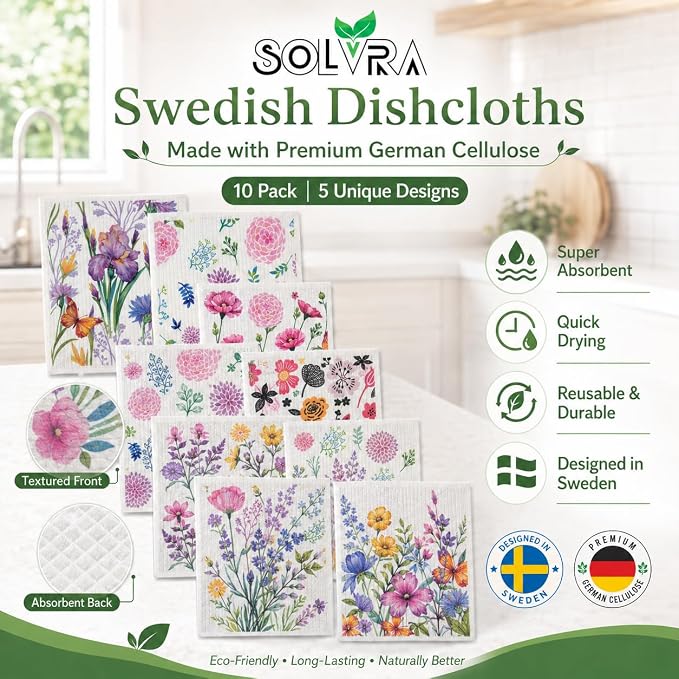 10 PCS Flower Print Swedish Dishcloths for Kitchen 100% Biodegradable, Reusable Cellulose Sponge Cloths Ultra Absorbent, Eco Friendly Cleaning Towels Dishcloths for Washing Dishes & General Cleaning