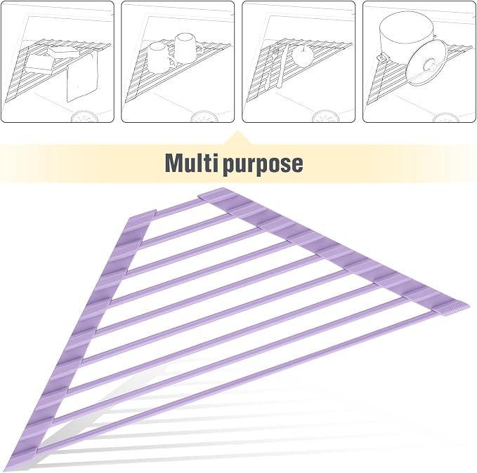 Tomorotec Compact Silicone-Coated Triangle Dish Drying Rack for Sink Corner - Foldable Stainless Steel Over-The-Sink Organizer and Storage Shelf (Light Purple)