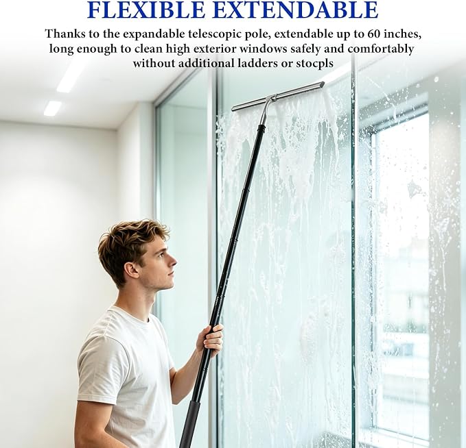 2-in-1 Window Shower Squeegee with Extension Pole for Glass Doors | Professional Window Cleaner Tool, 14" Wide Washing Equipment for High Outside Glass, Solar Panels, Shower, Car Windshield