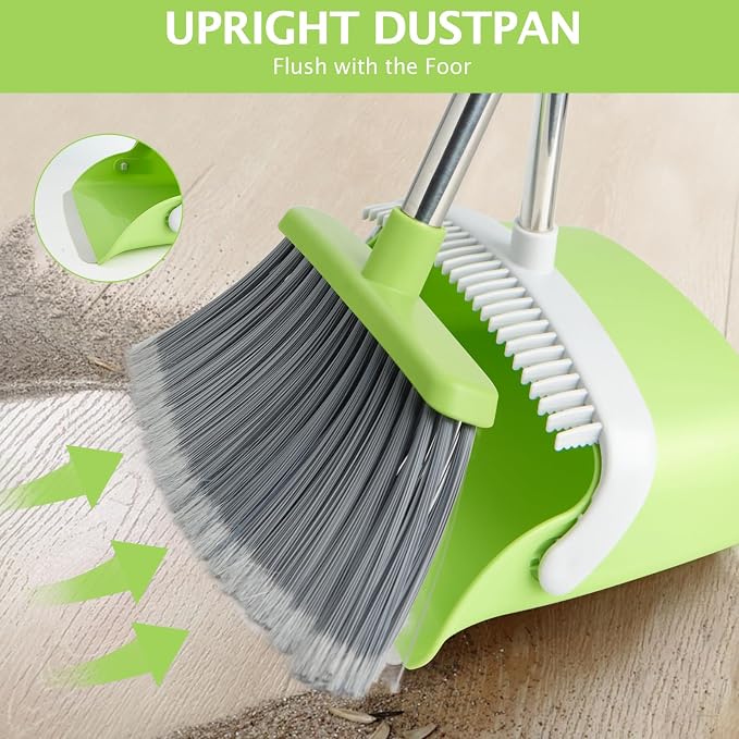 Broom and Dustpan Combo Set,51" Long Handle,Gray Green | Heavy Dust, Dustpans with Broom Combo for Home, Kitchen, Office, Classroom,Apartment, Pet Hair