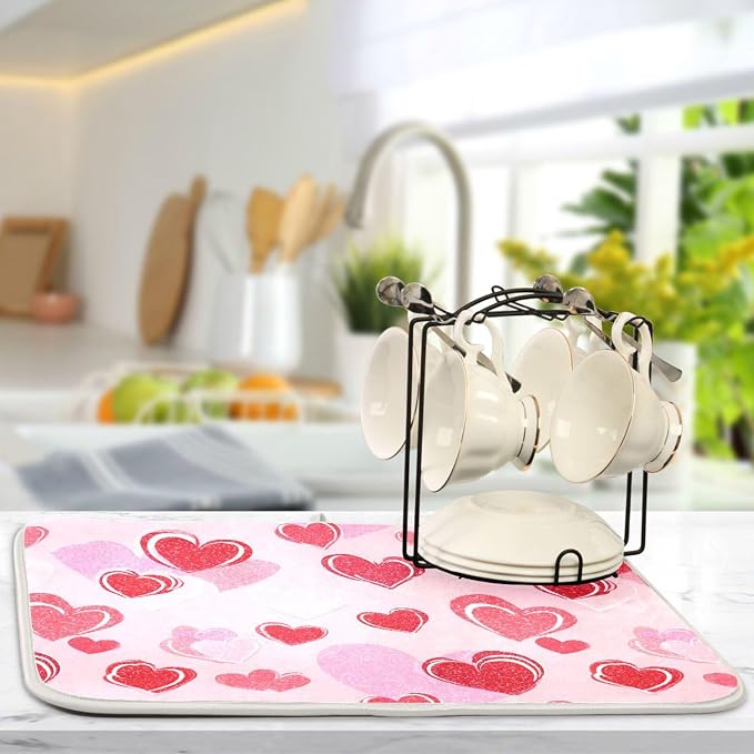 Happy Valentines Day Hearts Dish Drying Mat 16 X 18 Inch Stars Romantic Red Pink Glitter Love Heart Dry Dishes Pads Drainer Mats Tableware Protector for Home Kitchen Countertops Counter Decorations